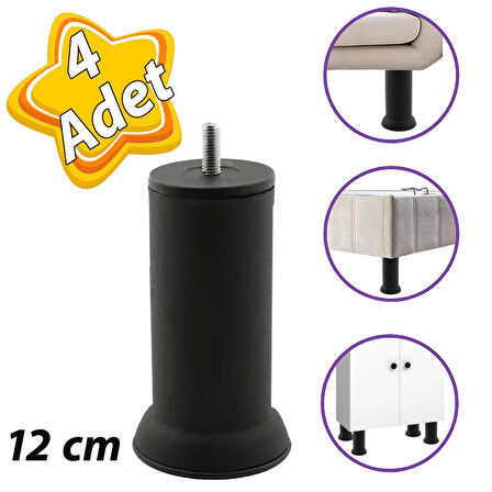 4 Adet Metal Destek Ayağı 12 Cm Siyah Mobilya Kanepe Baza Koltuk Ayakları Metrik 8 Civatalı İnce Diş