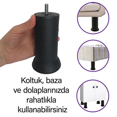 4 Adet Metal Destek Ayağı 12 Cm Siyah Mobilya Kanepe Baza Koltuk Ayakları Metrik 8 Civatalı İnce Diş