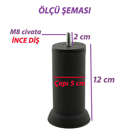 4 Adet Metal Destek Ayağı 12 Cm Siyah Mobilya Kanepe Baza Koltuk Ayakları Metrik 8 Civatalı İnce Diş