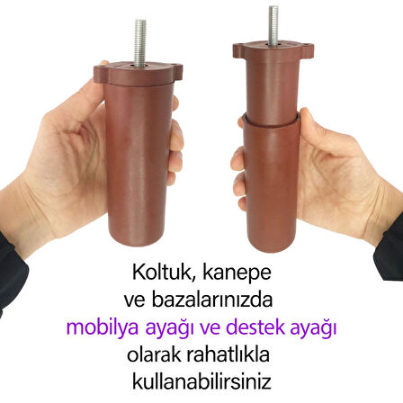 Destek Ayağı 13-19 cm Kahverengi ve Metal Düz Ayak Tabanı M8 Civatalı İnce Diş Mobilya Kanepe Baza Koltuk Seti