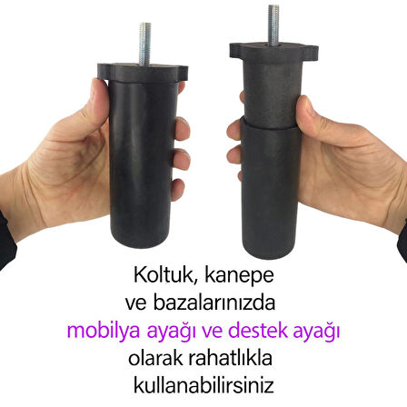 Destek Ayağı 13-19 cm Siyah ve Metal Düz Ayak Tabanı M8 Civatalı İnce Diş Mobilya Kanepe Baza Koltuk Seti