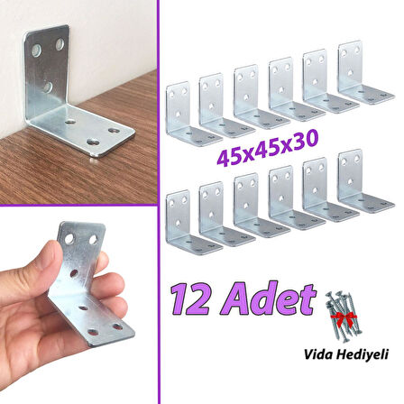 12 Adet Mobilya Eşya Dolap Duvar Sabitleyici Köşe Bağlantı L Demir Gönye Deprem Güvenliği 45x45x30mm 