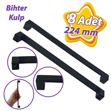 8 Adet Bihter Düz Kulp 224 mm Siyah Mutfak Kulpu Çekmece Dolap Kapak Kulbu Metal Mobilya Dolabı Kulpları 