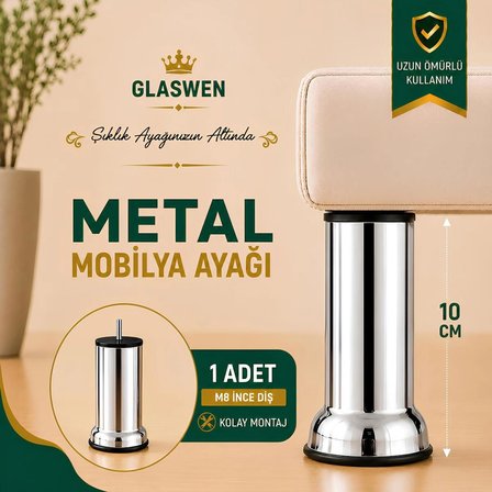 Metal Destek Ayağı 10 Cm Krom Mobilya Kanepe Baza Koltuk Ünite Ayakları Metrik 8 Civatalı İnce Diş