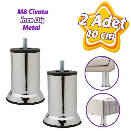 2 Adet Metal Destek Ayağı 10 Cm Krom Mobilya Kanepe Baza Koltuk Ünite Ayakları Metrik 8 Civatalı İnce Diş
