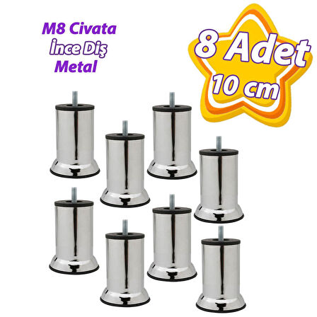 8 Adet Metal Destek Ayağı 10 Cm Krom Mobilya Kanepe Baza Koltuk Ünite Ayakları Metrik 8 Civatalı İnce Diş