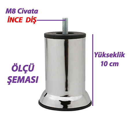 8 Adet Metal Destek Ayağı 10 Cm Krom Mobilya Kanepe Baza Koltuk Ünite Ayakları Metrik 8 Civatalı İnce Diş