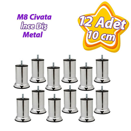 12 Adet Metal Destek Ayağı 10 Cm Krom Mobilya Kanepe Baza Koltuk Ünite Ayakları Metrik 8 Civatalı İnce Diş