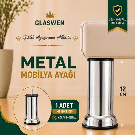 Metal Destek Ayağı 12 Cm Krom Mobilya Kanepe Baza Koltuk Ünite Ayakları Metrik 8 Civatalı İnce Diş