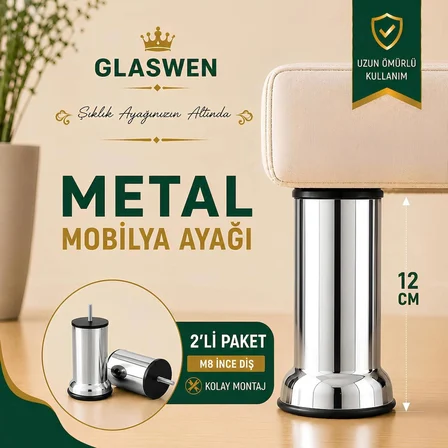 2 Adet Metal Destek Ayağı 12 Cm Krom Mobilya Kanepe Baza Koltuk Ünite Ayakları Metrik 8 Civatalı İnce Diş