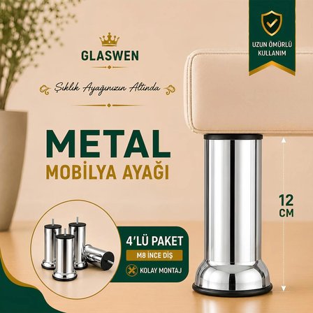 4 Adet Metal Destek Ayağı 12 Cm Krom Mobilya Kanepe Baza Koltuk Ünite Ayakları Metrik 8 Civatalı İnce Diş