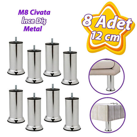 8 Adet Metal Destek Ayağı 12 Cm Krom Mobilya Kanepe Baza Koltuk Ünite Ayakları Metrik 8 Civatalı İnce Diş