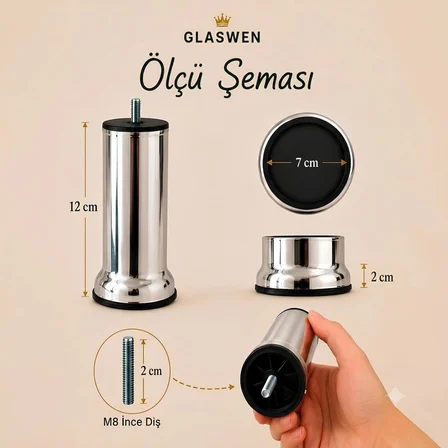 8 Adet Metal Destek Ayağı 12 Cm Krom Mobilya Kanepe Baza Koltuk Ünite Ayakları Metrik 8 Civatalı İnce Diş