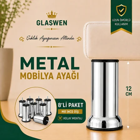 8 Adet Metal Destek Ayağı 12 Cm Krom Mobilya Kanepe Baza Koltuk Ünite Ayakları Metrik 8 Civatalı İnce Diş
