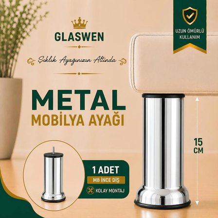 Metal Destek Ayağı 15 Cm Krom Mobilya Kanepe Baza Koltuk Ünite Ayakları Metrik 8 Civatalı İnce Diş