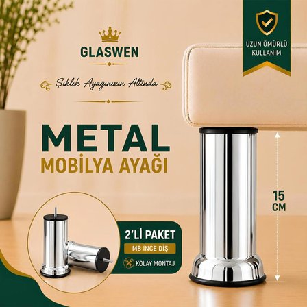 2 Adet Metal Destek Ayağı 15 Cm Krom Mobilya Kanepe Baza Koltuk Ünite Ayakları Metrik 8 Civatalı İnce Diş
