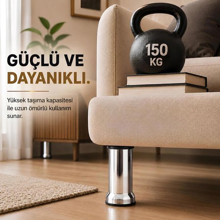 2 Adet Metal Destek Ayağı 15 Cm Krom Mobilya Kanepe Baza Koltuk Ünite Ayakları Metrik 8 Civatalı İnce Diş