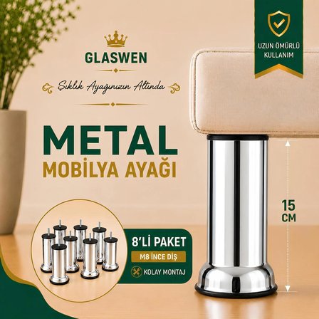 8 Adet Metal Destek Ayağı 15 Cm Krom Mobilya Kanepe Baza Koltuk Ünite Ayakları Metrik 8 Civatalı İnce Diş