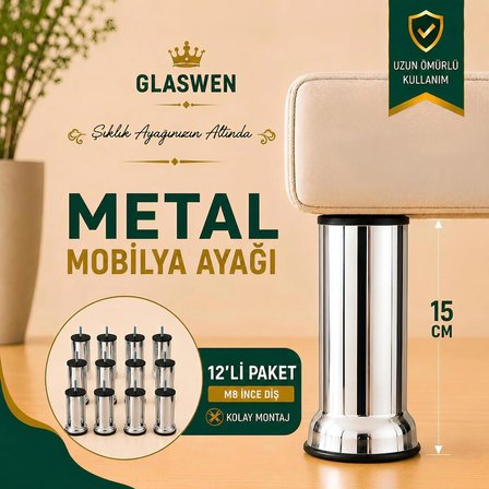 12 Adet Metal Destek Ayağı 15 Cm Krom Mobilya Kanepe Baza Koltuk Ünite Ayakları Metrik 8 Civatalı İnce Diş