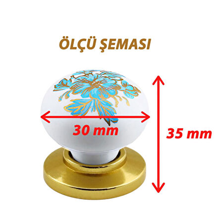 Mavi Beyaz Ortanca Çiçek Desenli Altın Tablalı Polimer Düğme Kulp Mobilya Mutfak Dolabı Çekmece Kulbu Kulpları