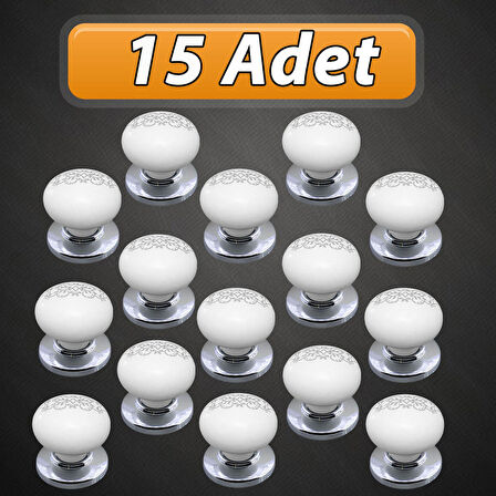 15 Adet Hanımeli Kulp Beyaz  Polimer Düğme Kulp Krom Tablalı Mobilya Mutfak Dolabı Çekmece Kulbu Kulpları