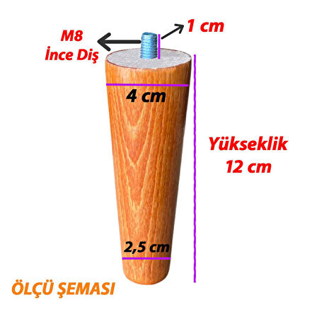 Ahşap Ayak Açık Meşe 12 Cm Dolap Mobilya Koltuk Kanepe Destek Ayağı Ayakları Konik M8 Civatalı 