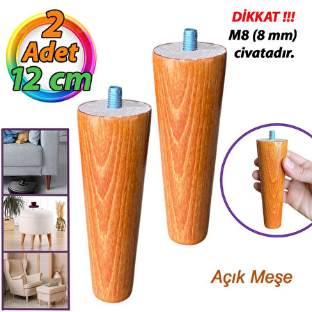 2 Adet Ahşap Ayak Açık Meşe 12 Cm Dolap Mobilya Koltuk Kanepe Destek Ayağı Ayakları Konik M8 Civatalı 