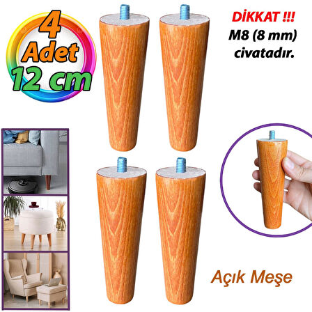 4 Adet Ahşap Ayak Açık Meşe 12 Cm Dolap Mobilya Koltuk Kanepe Destek Ayağı Ayakları Konik M8 Civatalı 