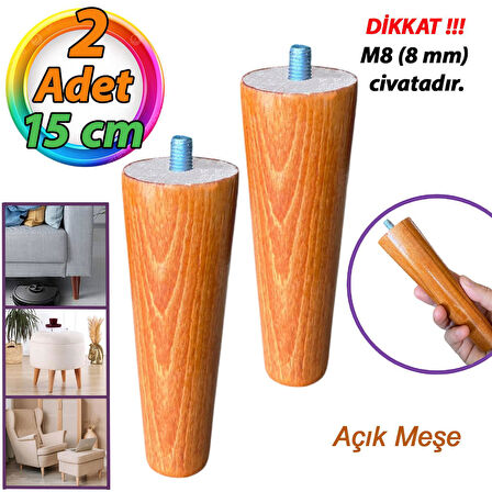 2 Adet Ahşap Ayak Açık Meşe 15 Cm Dolap Mobilya Koltuk Kanepe Destek Ayağı Ayakları Konik M8 Civatalı 