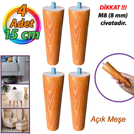 4 Adet Ahşap Ayak Açık Meşe 15 Cm Dolap Mobilya Koltuk Kanepe Destek Ayağı Ayakları Konik M8 Civatalı 