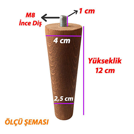 Ahşap Ayak Koyu Meşe 12 Cm Dolap Mobilya Koltuk Kanepe Destek Ayağı Ayakları Konik M8 Civatalı 