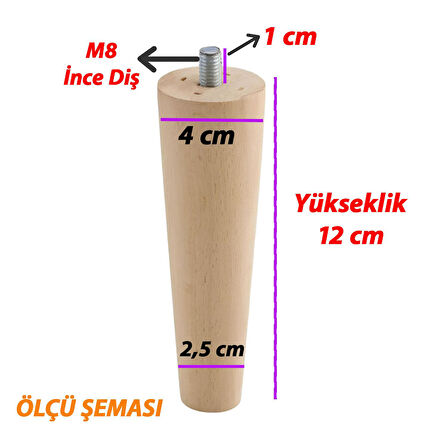 2 Adet Ahşap Ayak  12 Cm Dolap Mobilya Koltuk Kanepe Destek Ayağı Ayakları Konik M8 Civatalı 