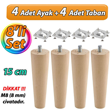 Ahşap Ayak 15 Cm 8'li Set M8 Civatalı Bağlantı Aparatlı Dolap Mobilya Koltuk Kanepe Destek Ayağı Ayakları