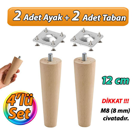 Ahşap Ayak 12 Cm 4'lü Set M8 Civatalı Bağlantı Aparatlı Dolap Mobilya Koltuk Kanepe Destek Ayağı Ayakları