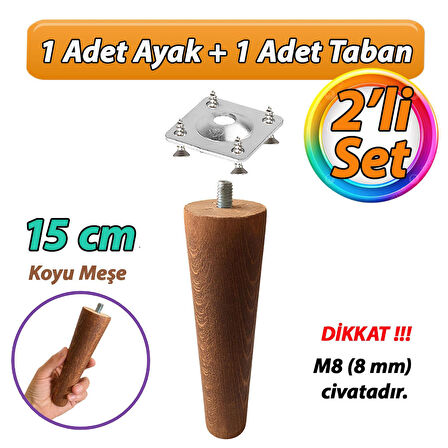 Ahşap Ayak 15 Cm 2'li Set Koyu Meşe M8 Civatalı Bağlantı Aparatlı Dolap Mobilya Koltuk Kanepe Destek Ayağı Ayakları