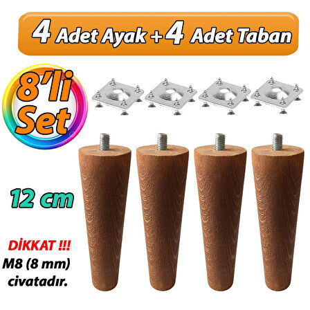 Ahşap Ayak 12 Cm 8'li Set Koyu Meşe M8 Civatalı Bağlantı Aparatlı Dolap Mobilya Koltuk Kanepe Destek Ayağı Ayakları