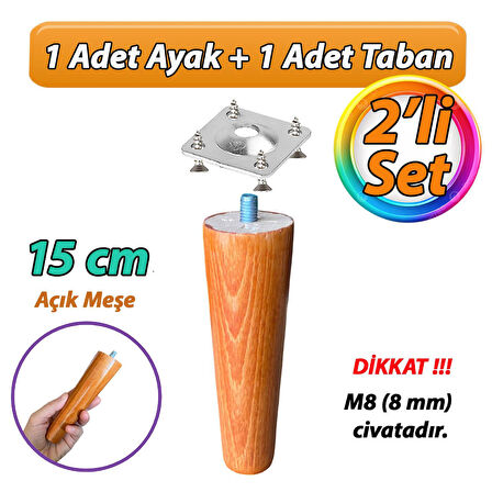 Ahşap Ayak 15 Cm 2'li Set Açık Meşe M8 Civatalı Bağlantı Aparatlı Dolap Mobilya Koltuk Kanepe Destek Ayağı Ayakları