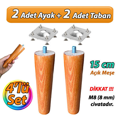 Ahşap Ayak 15 Cm 4'lü Set Açık Meşe M8 Civatalı Bağlantı Aparatlı Dolap Mobilya Koltuk Kanepe Destek Ayağı Ayakları