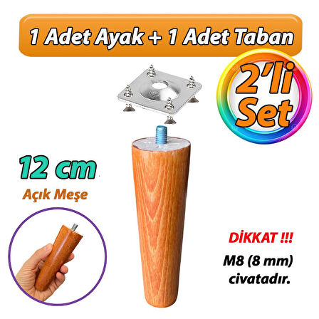 Ahşap Ayak 12 Cm 2'li Set Açık Meşe M8 Civatalı Bağlantı Aparatlı Dolap Mobilya Koltuk Kanepe Destek Ayağı Ayakları