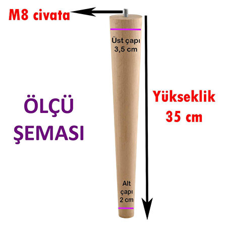 Ahşap Ayak 35 Cm Masa Zigon Sehpa TV Ünitesi Puf Tabure Ayağı Ayakları Konik M8 Civatalı