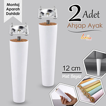 2 Adet Ahşap Ayak 12 Cm Beyaz M8 Civatalı Bağlantı Aparatlı Dolap Mobilya Koltuk Kanepe Destek Ayağı Ayakları