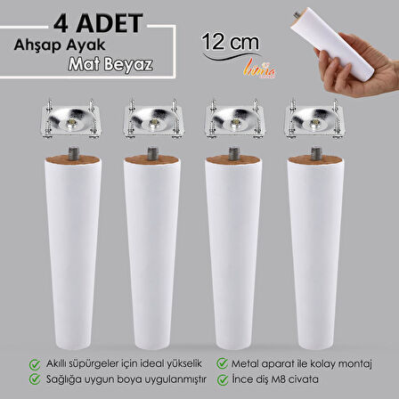 4 Adet Ahşap Ayak 12 Cm Beyaz M8 Civatalı Bağlantı Aparatlı Dolap Mobilya Koltuk Kanepe Destek Ayağı Ayakları