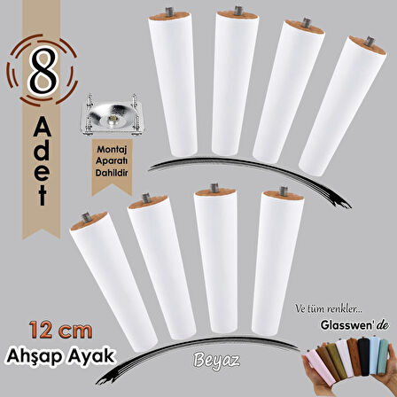 8 Adet Ahşap Ayak 12 Cm Beyaz M8 Civatalı Bağlantı Aparatlı Dolap Mobilya Koltuk Kanepe Destek Ayağı Ayakları