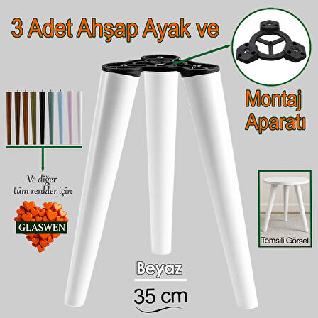 3 Adet Ahşap Ayak 35 Cm Beyaz M8 Civatalı Bağlantı Aparatlı Mobilya Tabure Sehpa Masa Destek Ayağı