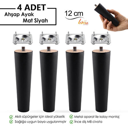4 Adet Ahşap Ayak 12 Cm Siyah M8 Civatalı Bağlantı Aparatlı Dolap Mobilya Koltuk Kanepe Destek Ayağı Ayakları