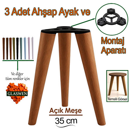 3 Adet Ahşap Ayak 35 Cm Açık Meşe M8 Civatalı Bağlantı Aparatlı Mobilya Tabure Sehpa Masa Destek Ayağı