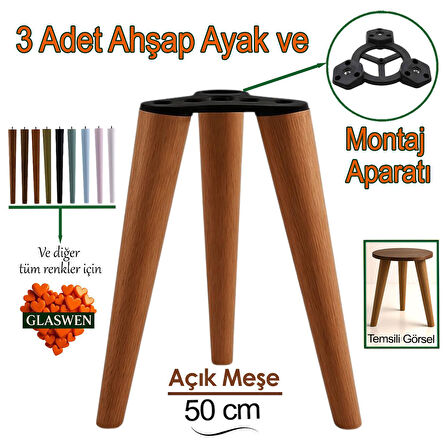 3 Adet Ahşap Ayak 50 Cm Açık Meşe M8 Civatalı Bağlantı Aparatlı Mobilya Tabure Sehpa Masa Destek Ayağı