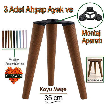 3 Adet Ahşap Ayak 35 Cm Koyu Meşe M8 Civatalı Bağlantı Aparatlı Mobilya Tabure Sehpa Masa Destek Ayağı