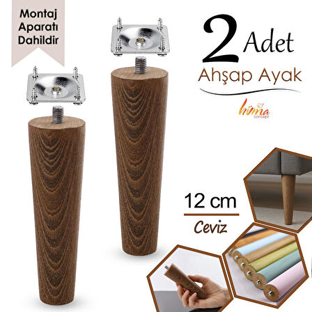2 Adet Ahşap Ayak 12 Cm Ceviz M8 Civatalı Bağlantı Aparatlı Dolap Mobilya Koltuk Kanepe Destek Ayağı Ayakları