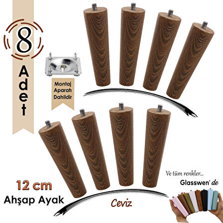 8 Adet Ahşap Ayak 12 Cm Ceviz M8 Civatalı Bağlantı Aparatlı Dolap Mobilya Koltuk Kanepe Destek Ayağı Ayakları